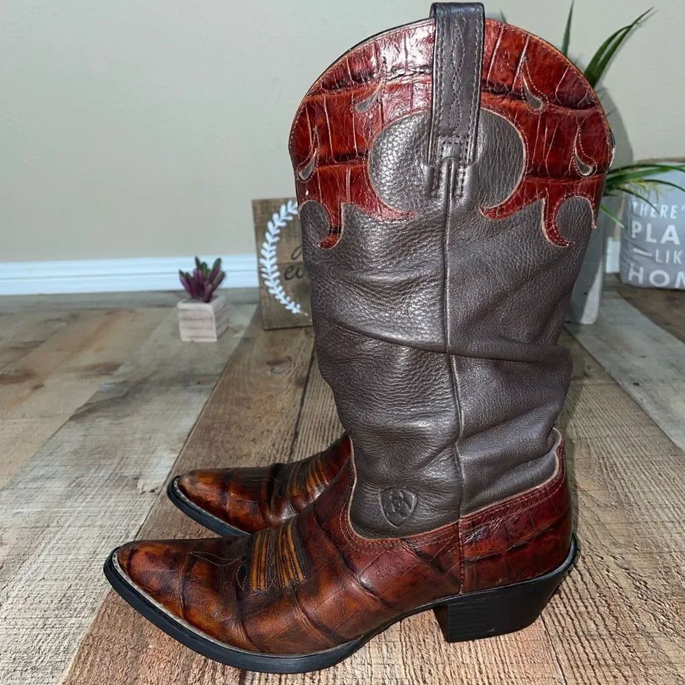Ariat Women's Ginger Croc Gator Slouchy Cowboy Boot Pointy Toe Two Tone